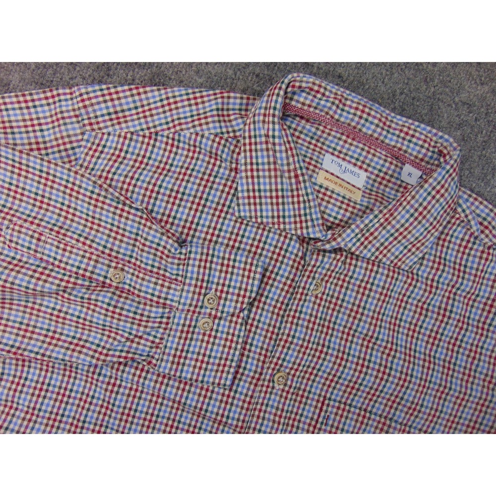 Tom James Shirt Mens XL Blue Red Check Button‎ Down Made in Italy Multi Color